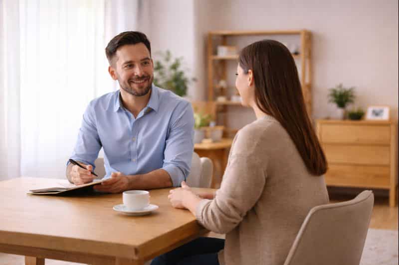 a-propos-accompagnement-humain-confiance-kozy Échange professionnel et humain dans un intérieur moderne, illustrant la relation de confiance et l’accompagnement personnalisé proposés par Kozy Conciergerie en gestion locative courte et moyenne durée