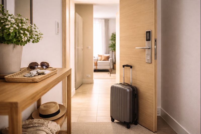avantages-location-courte-duree-rotation-sejours-kozy Entrée d’appartement avec porte ouverte et valise de voyage, illustrant la rotation fréquente des séjours et la flexibilité de la location courte durée gérée par Kozy Conciergerie pour optimiser la rentabilité locative