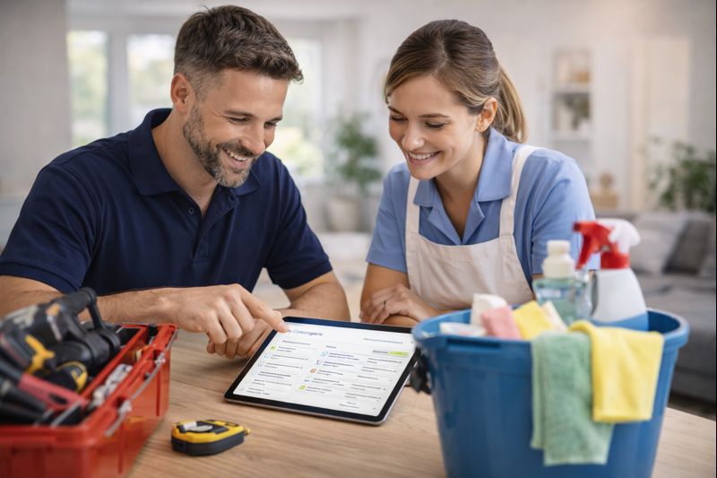 avantages-prestataire-reseau-conciergerie-kozy Prestataires consultant une interface de gestion sur tablette dans un logement moderne, illustrant la collaboration avec Kozy Conciergerie offrant missions régulières, suivi des interventions et cadre professionnel structuré