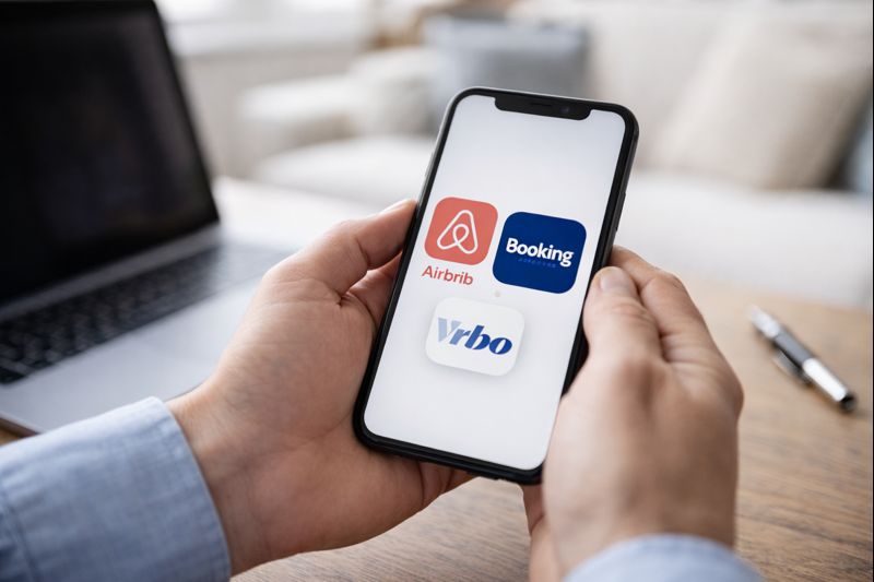 Espace de travail professionnel illustrant un propriétaire utilisant les plateformes Airbnb et Booking, représentant la cible de la formule DIGITAL de Kozy Conciergerie à Lyon pour une gestion locative partiellement déléguée