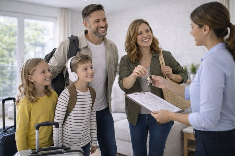 clientele-familiale-location-courte-duree-kozy-conciergerie Famille accueillie dans un logement en location courte durée lors de la remise des clés, illustrant une clientèle familiale respectueuse et des séjours sécurisés grâce à la gestion professionnelle de Kozy Conciergerie