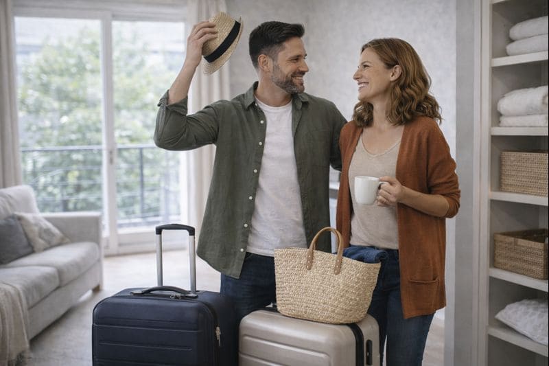 flexibilite-location-courte-duree-proprietaire-kozy-conciergerie Propriétaires préparant un séjour avec leurs valises dans un appartement lumineux, illustrant la flexibilité de la location courte durée permettant d’occuper librement son logement tout en générant des revenus locatifs optimisés avec Kozy Conciergerie