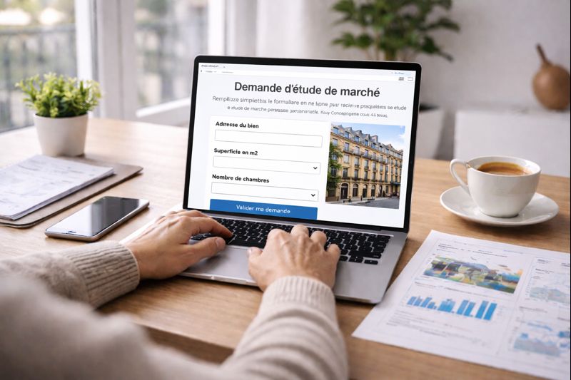formulaire-etude-marche-demande-en-ligne-kozy Personne remplissant un formulaire d’étude de marché immobilière sur ordinateur portable dans un intérieur lumineux, illustrant la démarche simple et rapide proposée par Kozy Conciergerie pour analyser le potentiel locatif d’un bien