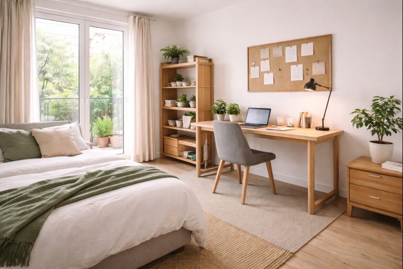 location-moyenne-duree-logement-residentiel-stable-kozy Chambre lumineuse aménagée pour un séjour longue durée avec espace de travail et rangements, illustrant la location moyenne durée comme solution stable et rentable pour étudiants et professionnels en mobilité avec Kozy Conciergerie