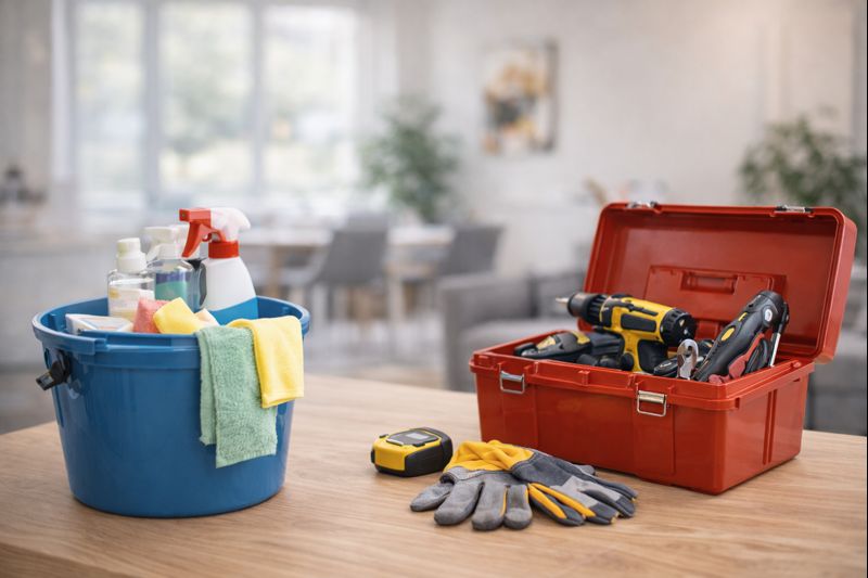 avantages-prestataire-reseau-conciergerie-kozy Prestataires consultant une interface de gestion sur tablette dans un logement moderne, illustrant la collaboration avec Kozy Conciergerie offrant missions régulières, suivi des interventions et cadre professionnel structuré