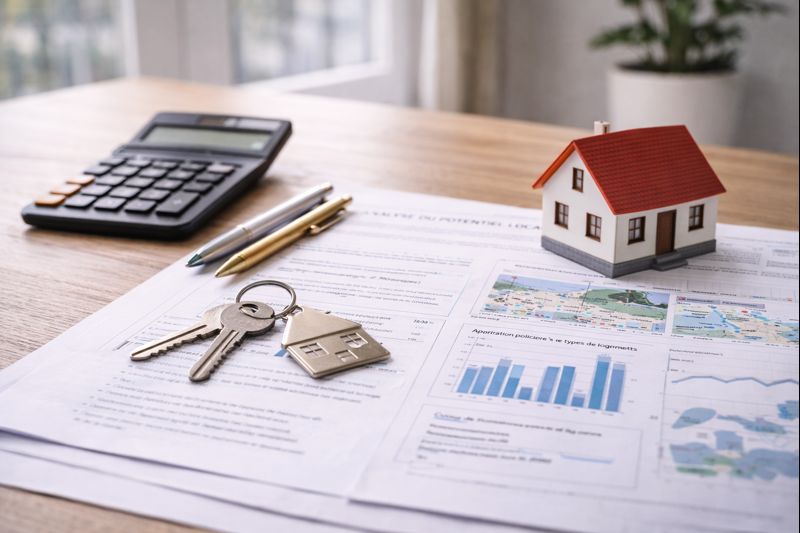 outil-etude-marche-investissement-rentabilite-locative-kozy Clés de logement posées sur des documents d’analyse immobilière avec calculatrice et maquette de maison, illustrant l’étude de marché comme outil essentiel pour investir, optimiser une stratégie locative et sécuriser un projet immobilier avec Kozy Conciergerie