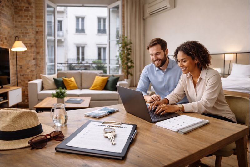 cible-formule-digital-proprietaire-gestion-locative-kozy-lyon Espace de travail professionnel illustrant un propriétaire utilisant les plateformes Airbnb et Booking, représentant la cible de la formule DIGITAL de Kozy Conciergerie à Lyon pour une gestion locative partiellement déléguée